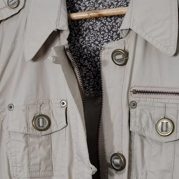 Studio Mode Womens Utility Jacket Pockets Cotton Blend Button Khaki Tan Large - Picture 9 of 12